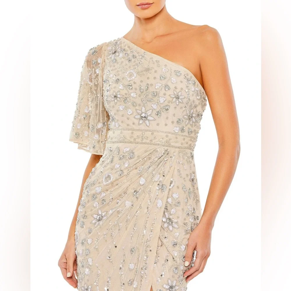 Mac Duggal Embellished One Shoulder Draped Maxi Gown Nude & Silver | Size 8 - Picture 2 of 16